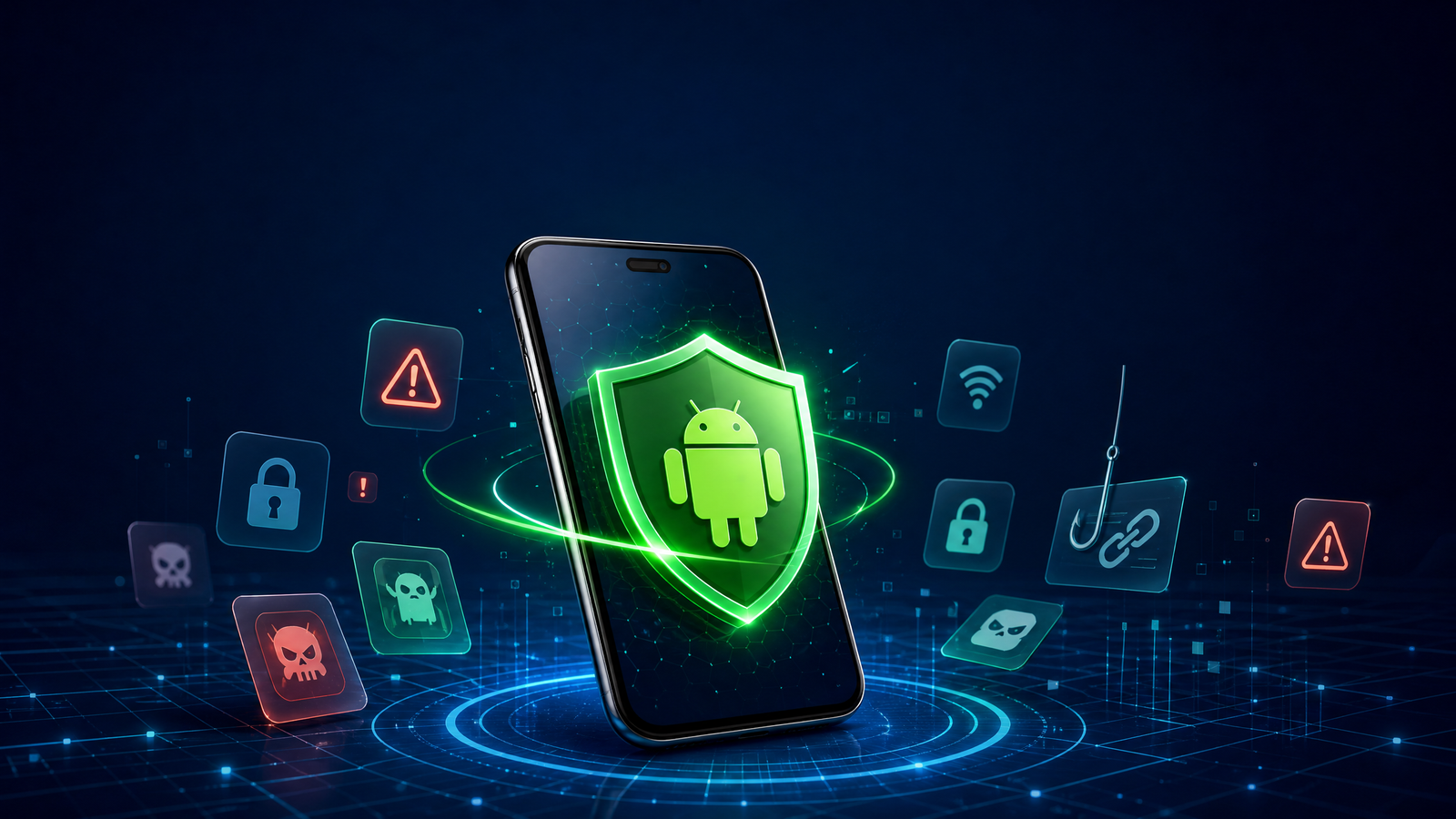 Ilustração de smartphone Android protegido por escudo digital contra apps falsos e golpes no celular