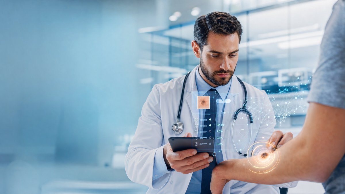 Médico usando inteligência artificial para diagnóstico de lesões de pele no Brasil 2026