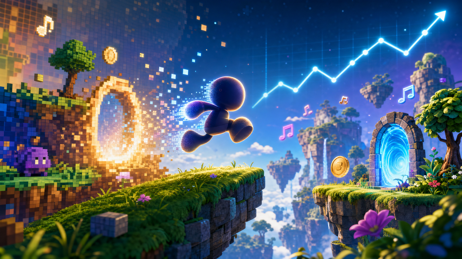 Ilustração autoral sobre remakes de jogos clássicos em alta, com cenário de plataforma futurista e gráfico de tendência